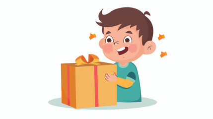 Cartoon little boy opening present box flat vector isolated