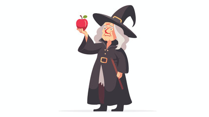 Cartoon old witch holding red apple flat vector 