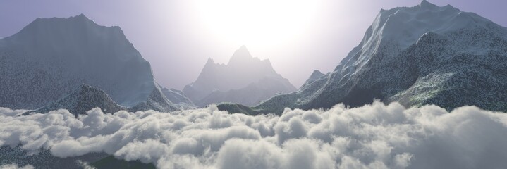 panorama of clouds among snowy peaks at sunrise in fog, 3D rendering