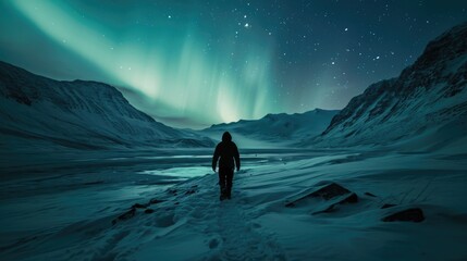 The picture of young or adult human that walking in the north pole or south pole and staring into the sky that fill with aurora and star in the night time yet the bright with aurora or star. AIGX03. - obrazy, fototapety, plakaty