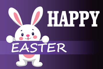 Banner or card, with cute rabbit, with the text, written Happy Easter