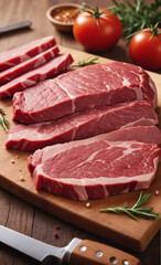 raw meat on a cutting board, with some herbs