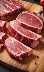 raw meat on a cutting board, with some herbs