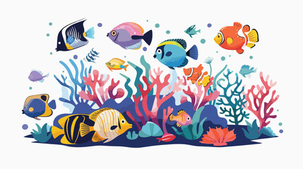 Fototapeta na wymiar Cartoon tropical fish and beautiful underwater world white
