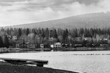Whitefish Lake scene with houses and dock in black and white