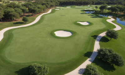 top view of a modern golf course on a sunny day