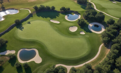 top view of a modern golf course on a sunny day