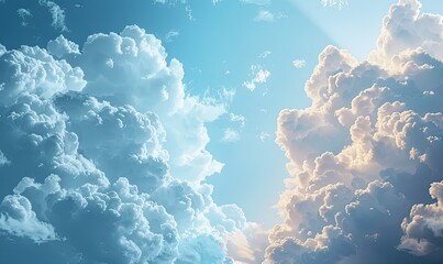 Sunlit Fluffy Clouds: Serene Sky Landscape with Radiant Sunrays - obrazy, fototapety, plakaty