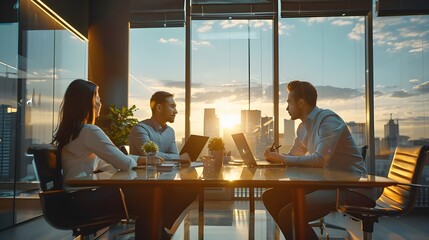 A group of employees expressing consistency and friendly relations in the work team solves work tasks together at a common table.