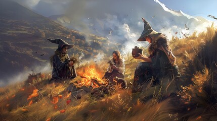 Healers and witches sat around a campfire in a mountain clearing surrounded by greenery and mountains to perform their mysterious rituals and magical practices.  - obrazy, fototapety, plakaty
