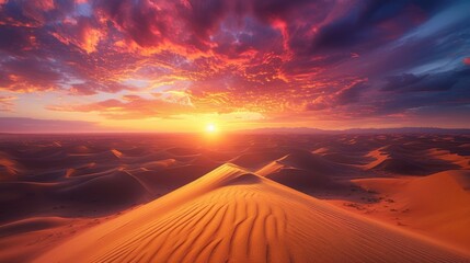 An expansive desert landscape at sunset, vivid colors in the sky, dunes creating patterns, portraying the beauty of wilderness. Resplendent. - obrazy, fototapety, plakaty