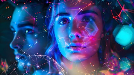 The portrait of a beautiful couple is shrouded in neon colors, like the soft light of a psychedelic dream. Their images are imbued with energy and deep symbolism