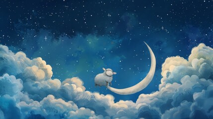 Obraz na płótnie Canvas A whimsical sheep dreams on fluffy clouds under a starry sky with a crescent moon, eid al-adha sacrifice sheep