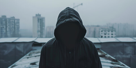 Rooftop ambiance hooded man with hidden face.AI Generative - obrazy, fototapety, plakaty