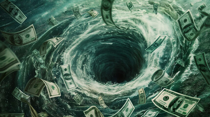 Financial Meltdown: Whirlpool of Recession, Stock Market Crash, and Bubble Collapse - obrazy, fototapety, plakaty