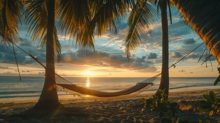 Serene photo of a hammock strung between two palm trees, overlooking a calm beach sunset, embodying relaxation and summer vibes, warm tones