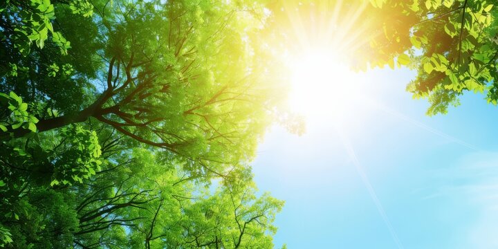 Banner image of a lush green forest under a clear blue sky, symbolizing Earth's natural beauty, with space for text on the importance of conservation