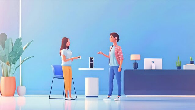 Animation of two women who don't speak the same language having a conversation by using a smart speaker digital assistant to translate