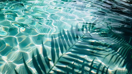 Summer day at a tranquil pool, capturing the ripple of clear turquoise water with soft shadows of palm leaves dancing on the surface