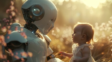 Infant reaching out to a robot, golden hour light, futuristic childcare concept.