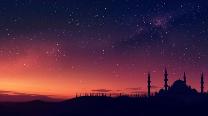Fototapeta premium Photo of a peaceful Ramadan scene with a silhouette of a mosque against a night sky, transitioning to a warm dawn horizon, capturing the essence of a holy night turning to day.