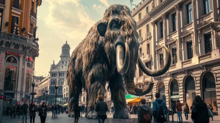 Stock photo of a life-sized mammoth in the center of a bustling city square, surrounded by curious onlookers and modern architecture, capturing the contrast between ancient and contemporary. - obrazy, fototapety, plakaty