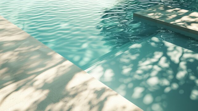 Sleek swimming pool with crystal clear water reflecting palm tree shadows, ideal for leisure and luxury resort themes.