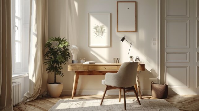 Contemporary home office with minimalistic decor featuring a small wooden desk, AI-generated