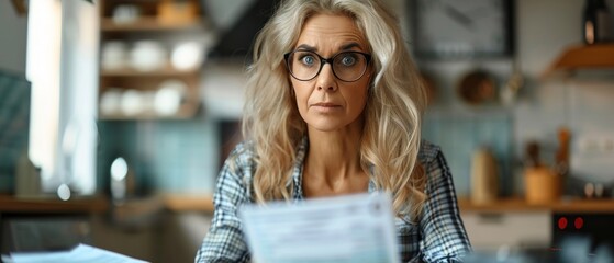 Confused sad angry puzzled mature woman having financial debts issues problems, calculating domestic bills, paying losing money at home kitchen, Online banking - obrazy, fototapety, plakaty