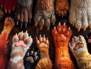 Close-up on a group of cartoonish animal feet, including paws, hooves, and claws, all raised, celebrating diversity and cooperation - obrazy, fototapety, plakaty
