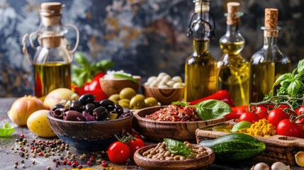 Obraz na płótnie Canvas Abundance of Fresh Mediterranean Ingredients on Kitchen Table