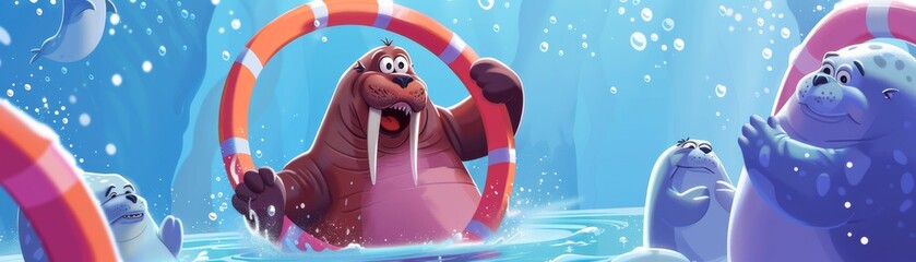 Cartoon walrus in gymnastic rings, struggling but determined, audience of seals clapping - obrazy, fototapety, plakaty