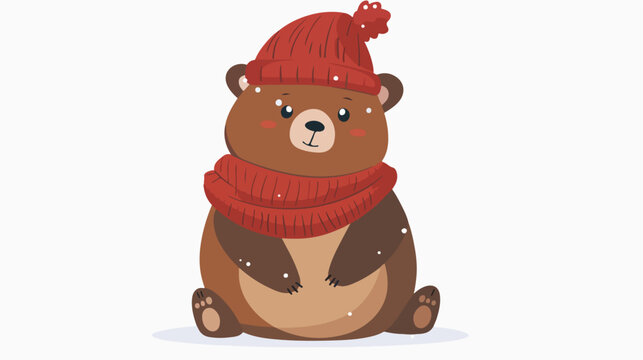 Cute bear cartoon wearing scarf and red hat flat vector