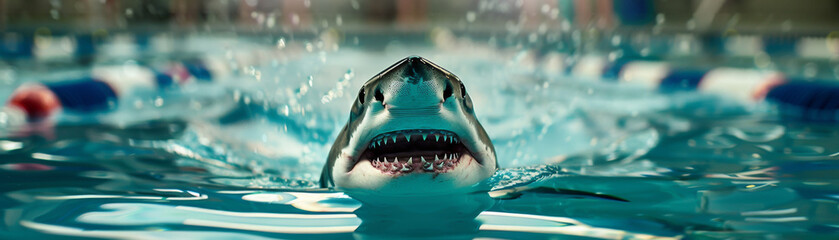Shark with a coach's whistle overseeing a swim practice in an unexpected twist of aquatic humor - obrazy, fototapety, plakaty