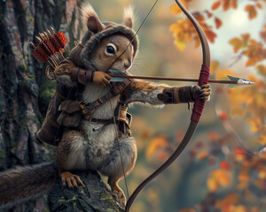 Squirrel in a tiny archer costume, climbing a tree for a better shot, acorn-themed arrows - obrazy, fototapety, plakaty