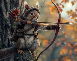 Fotobehang Squirrel in a tiny archer costume, climbing a tree for a better shot, acorn-themed arrows © eggeeggjiew
