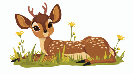 Cute Cartoon deer laying in the grass flat vector 