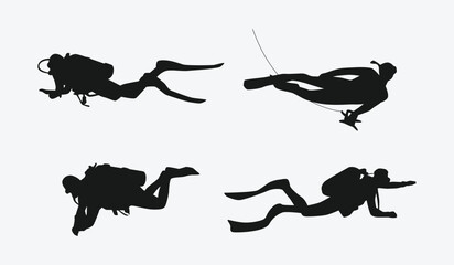 Scuba diving set silhouettes. Scuba diver, underwater sport. Isolated on white background. Vector illustration.
