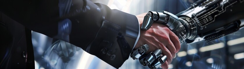  Businessman in a robotic gear handshake symbolizing human-robot collaboration
