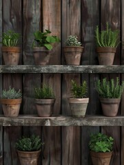 Fototapeta na wymiar Potted herbs neatly lined up on rustic wooden shelf in garden setting.