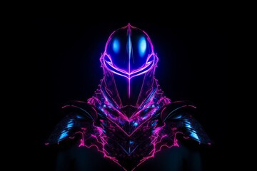 A knight with glowing neon markings on their shield and armortechnologysci fineon - obrazy, fototapety, plakaty