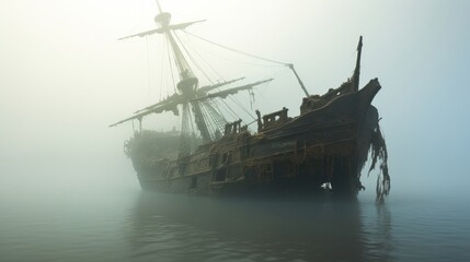 A spectral shipwreck fading in and out of view in the mist - obrazy, fototapety, plakaty