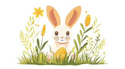 Cute little Cartoon bunny with Easter egg in the grass