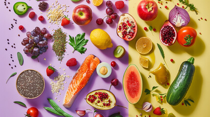Vibrant Assortment of Healthy Foods on Colorful Background