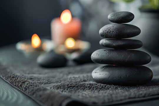 Spa and wellness center with a stack of black hot  massage stones and burning candles on a towel, Beauty treatment items for spa, AI generated