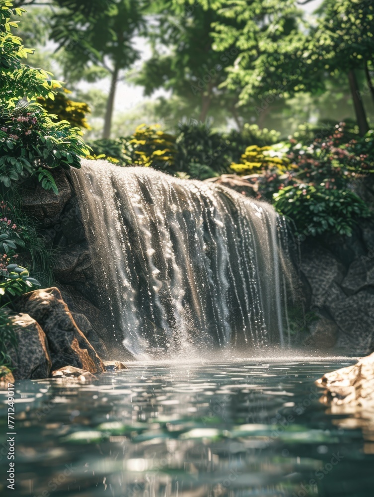 Poster waterfall cascading down into a pool - tranquil nature scenery with flowing water.