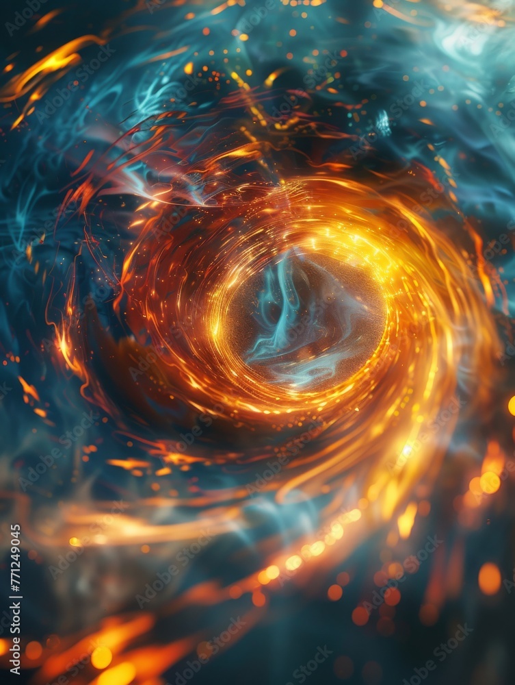 Poster energetic vortex swirling with power symbolizing dynamic energy flow.