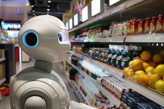 AI robot helping in the shopping area of a convenience store, looking for products on shelves generative by ai