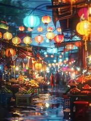 Fototapeta premium Vibrant Night Market in Southeast Asia - Hustle and Bustle under Neon Lights