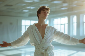 There is a male dancer in a white robe standing in the room, his hobby is dancing